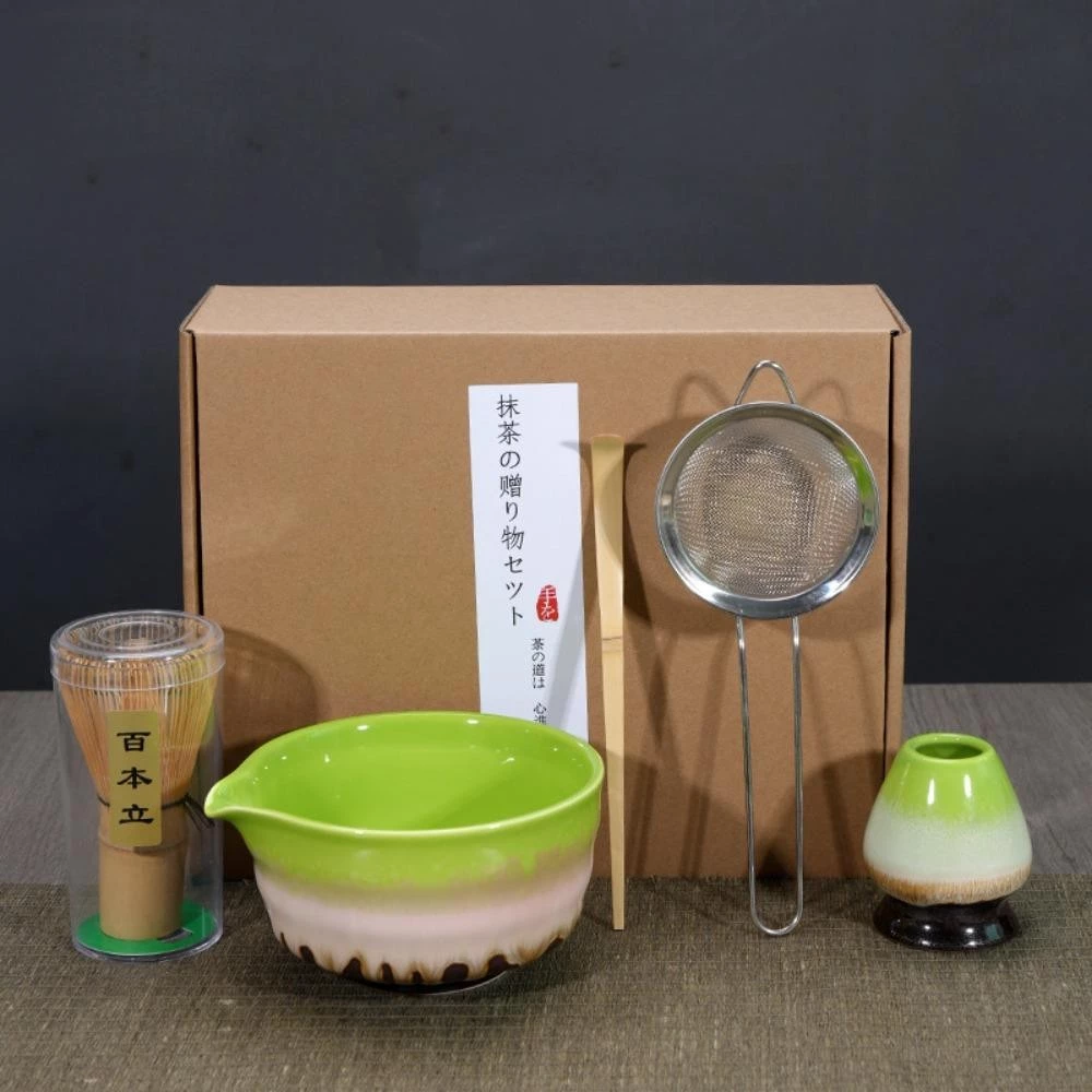 RONSIAY 抹茶茶道セット 5点セット【注ぎ口付き茶碗・竹製茶筅・茶杓・陶器製茶筅休め・攪拌スプーン】伝統と革新、多色展開