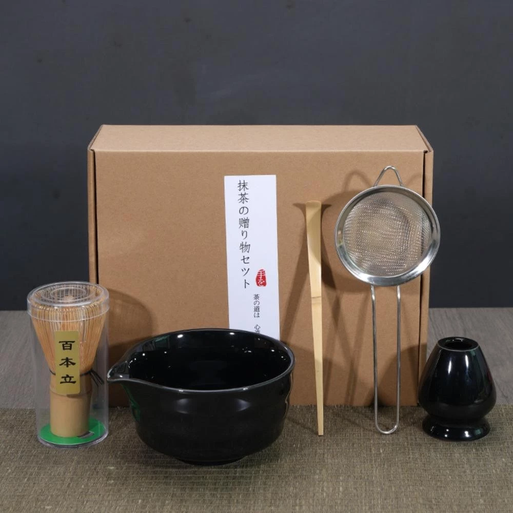 RONSIAY 5点 抹茶茶道セット - 注ぎ口付き黒陶器茶碗＆竹製茶筅・茶杓、食品グレードの伝統的な抹茶ツール