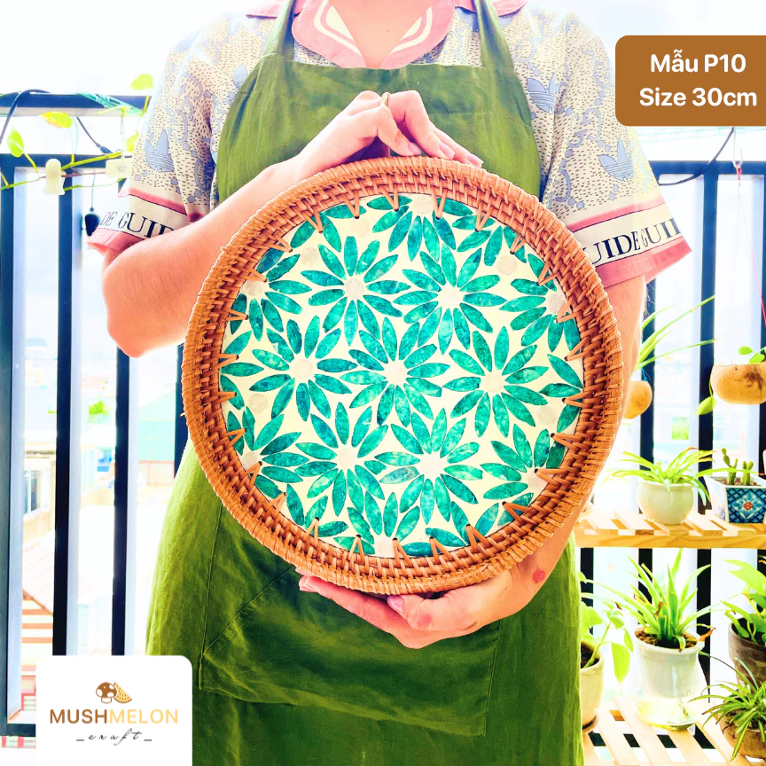 天然籐製 真珠貝象嵌トレイ 30cm - 高級手作り工芸品 | ギフト・インテリア・お茶菓子に