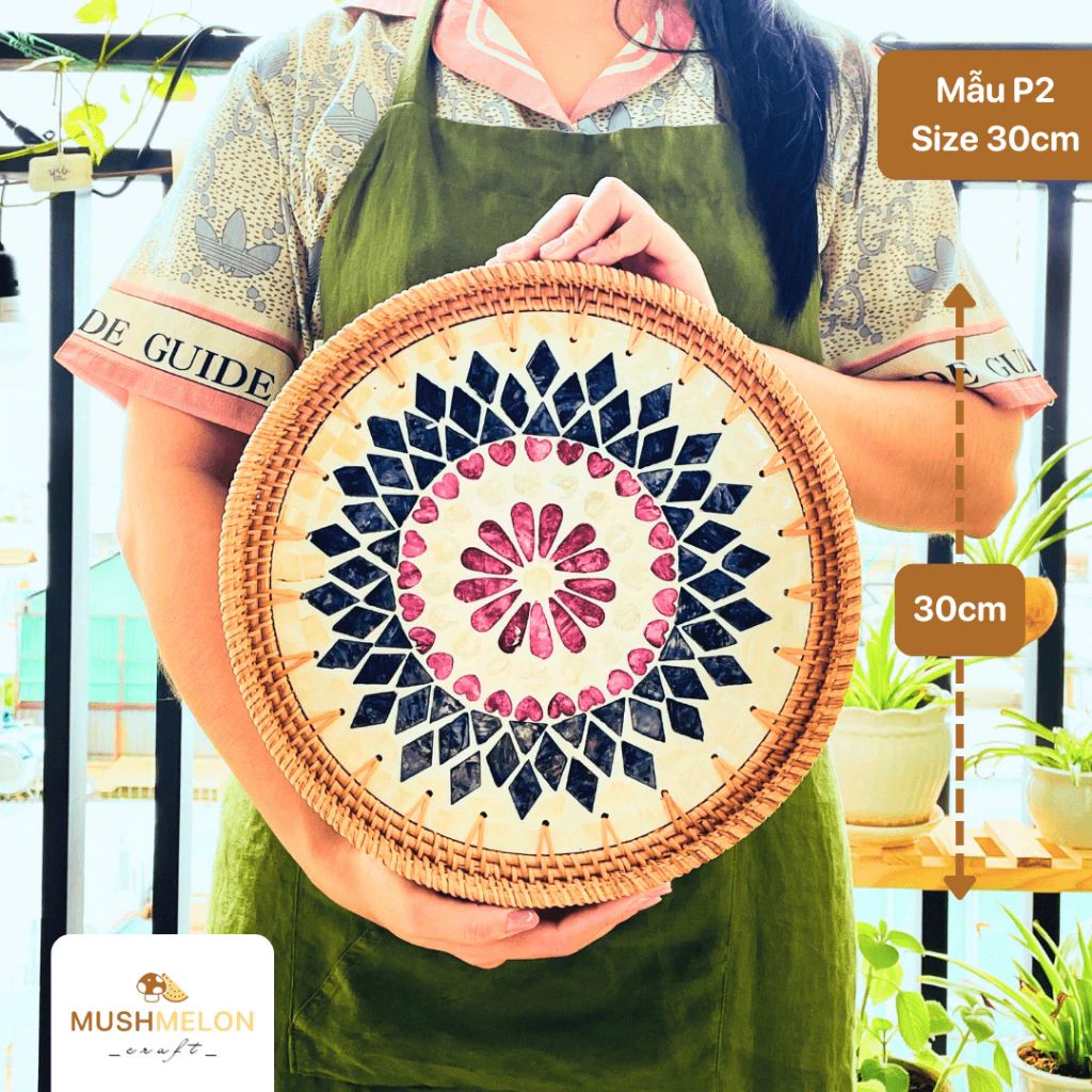 籐製円形螺鈿トレイ P2 30cm - 高級手作り工芸品、ギフト・インテリア・ティー・お菓子・フルーツ盛り合わせ用