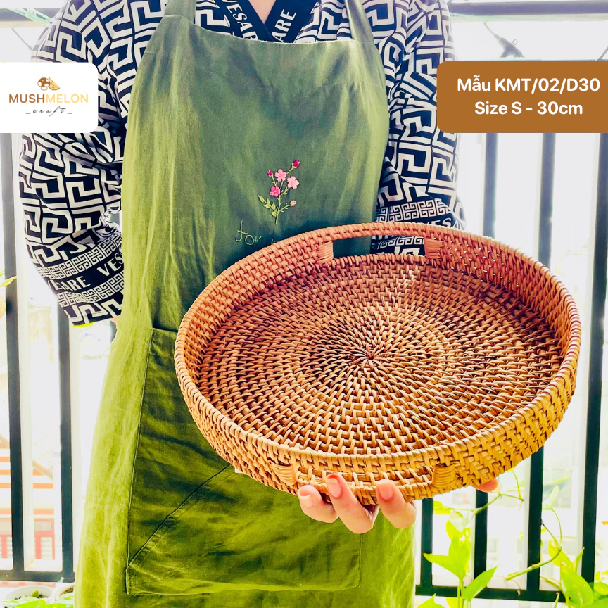 籐製丸型トレイ 持ち手付き - お茶菓子、料理、フルーツ、ギフトに最適、食卓を彩る手作り雑貨