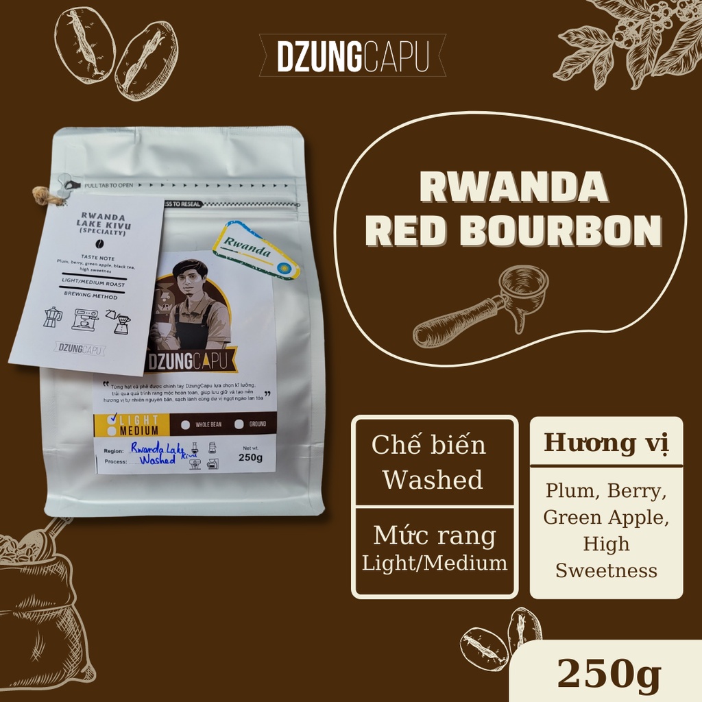 ルワンダ コーヒー - レッド バーボン バラエティ - 250g パック - DzungCapu スペシャルティ コーヒー - 浅煎り - 挽いた粉末
