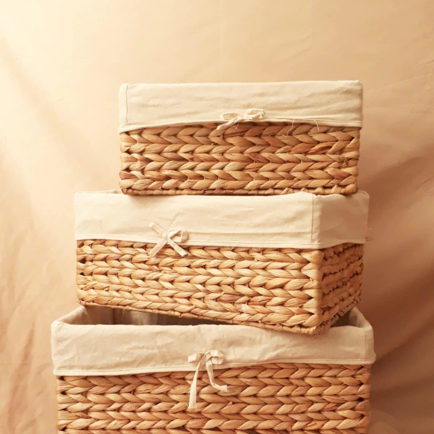 「Sサイズ」ホテイアオイ製 多機能収納バスケット 蓋付き 鉄骨フレーム 持ち手付き ヘリンボーン編み ランドリーボックス