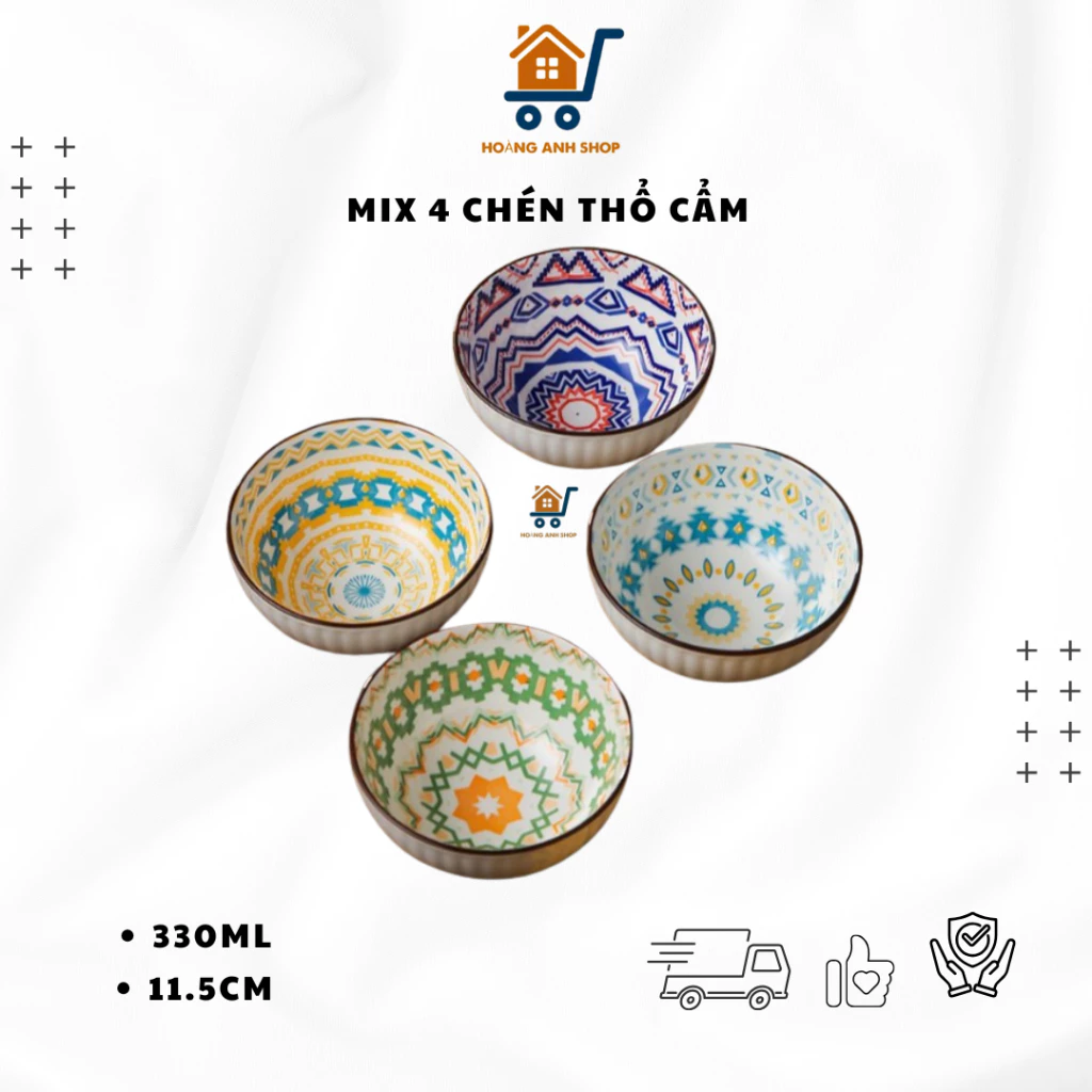 モダンストライプ＆民族柄ミックス 磁器ボウル 4個セット 11.5cm – ご飯茶碗、食卓デコレーション、電子レンジ対応