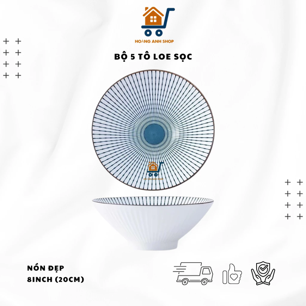 5個セット 8インチ（20cm） ストライプ柄 広口セラミックボウル – 美しい円錐形、電子レンジ対応、家族の食卓用食器セット