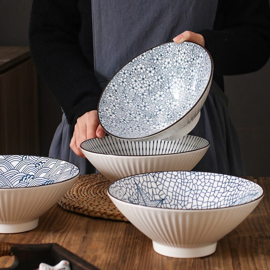 5個セット 8インチ（20cm） ストライプ柄 広口セラミックボウル – 美しい円錐形、電子レンジ対応、家族の食卓用食器セット