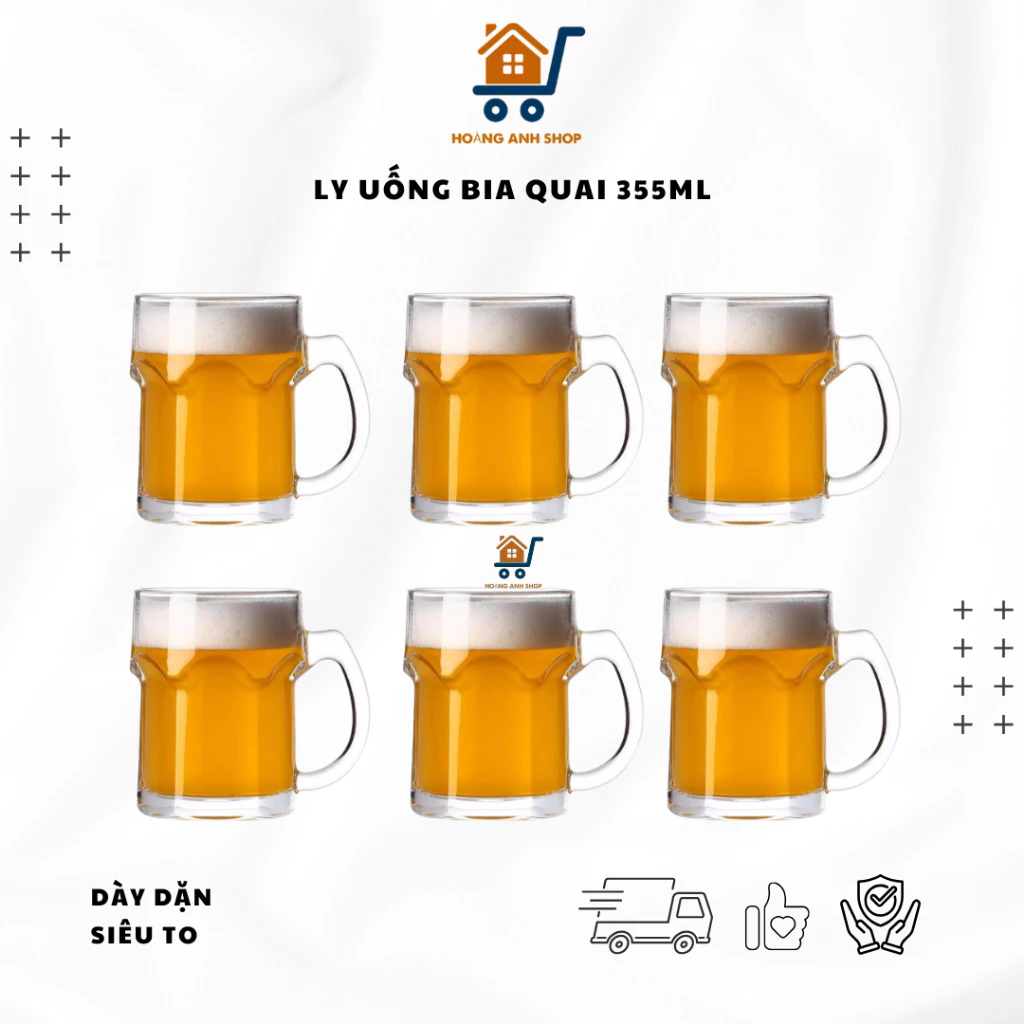 GLASSWARE 厚手 取っ手付きグラス 355ml 6個セット - ビール、アイスティー、ソフトドリンクに最適、しっかり握れる安定感