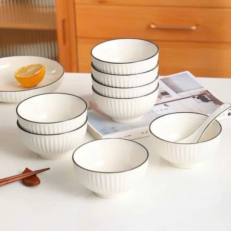 黒縁モダン 磁器製ご飯茶碗 6個または10個セット 11.5cm - 韓国風デザイン 食卓を彩る