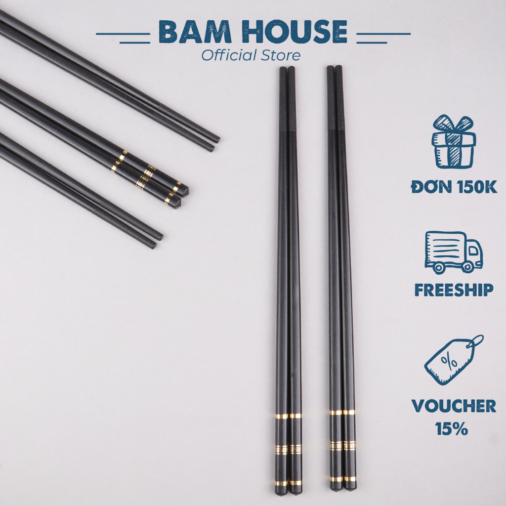 プラスチック箸 5膳セット DNV07 マットブラック 高品質 金色の模様  Bam House