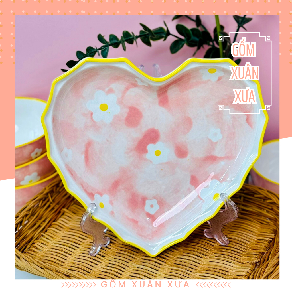 春華窯 花景色 ディナープレート ハートシェイプ 桃色花柄 24cm 春華製陶