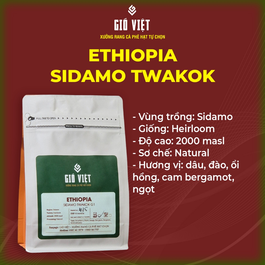 Sidamo Twakok エチオピアコーヒー - スペシャルティコーヒー - 250gr パッケージ - Gio Viet コーヒーロースター - ライトロースト - エスプレッソ用ピューレパウダー