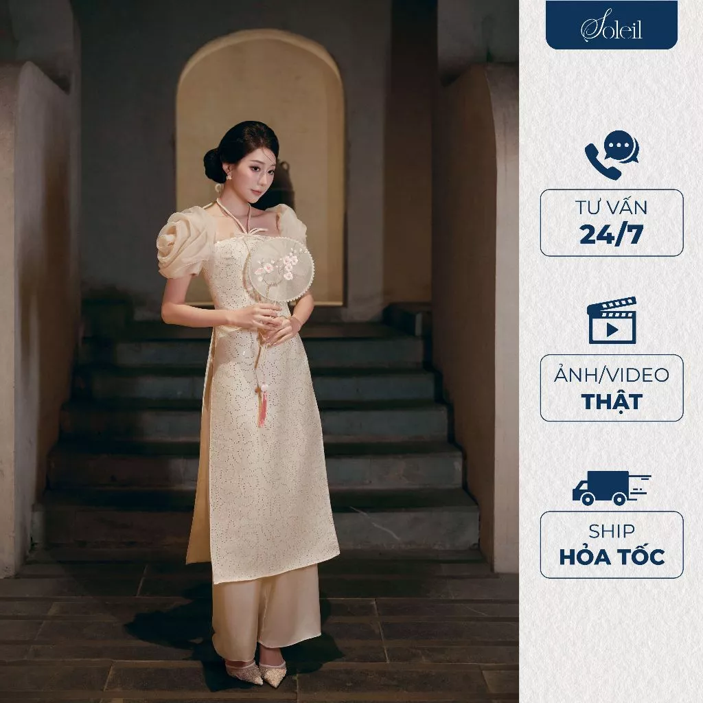 SOLEIL（ソレイユ）女性用モダンアオザイ タフタxキンサメッシュ 肩ローズ装飾 - Tố Như AD03