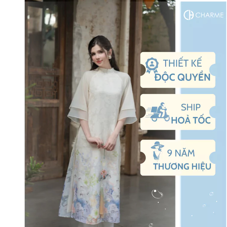 【豪華特典付】Charme CH ベトナム伝統 アオザイ レディース シルク 花柄 ゆったりフィット 410052