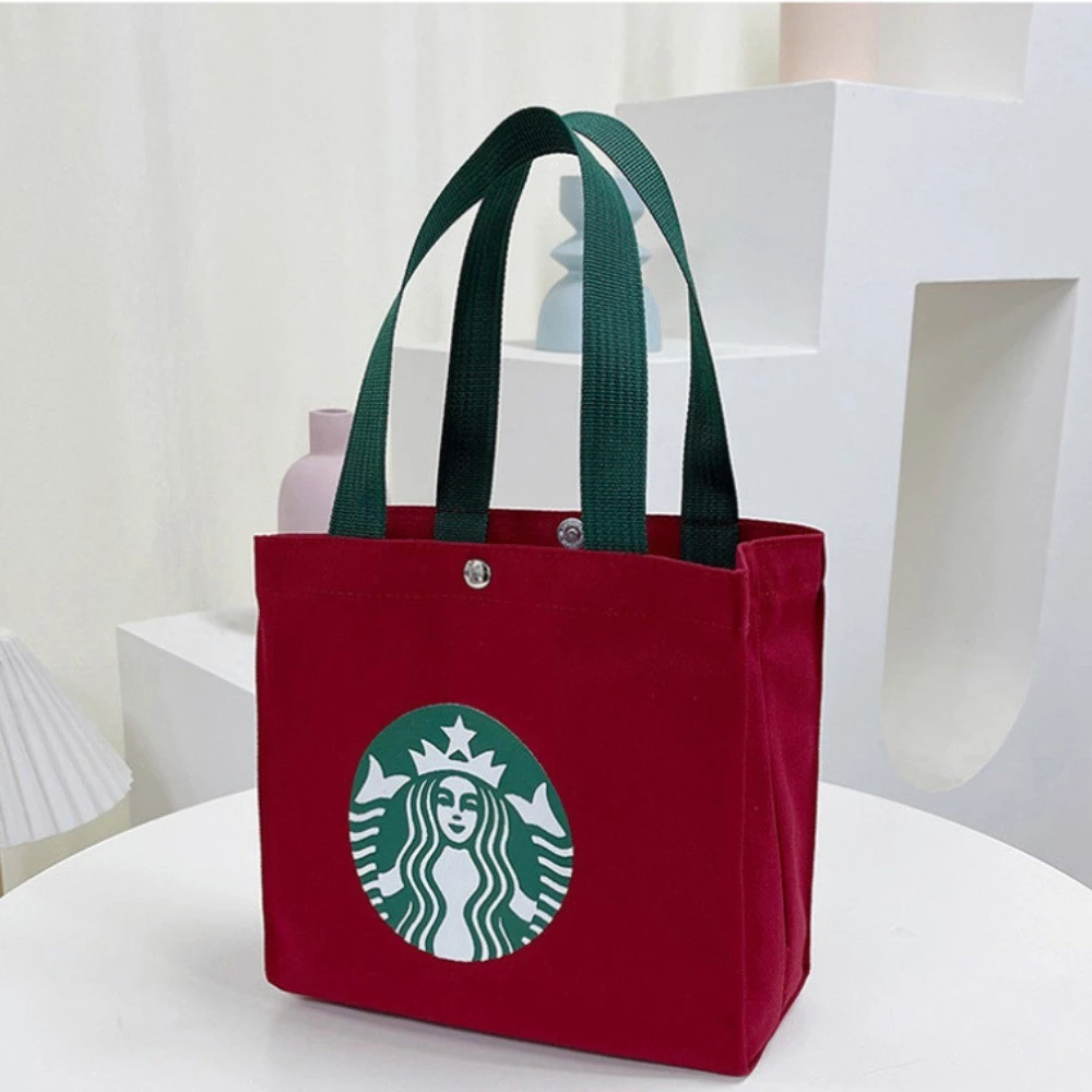 スターバックス柄 大容量ランチバッグ 赤 オックスフォード布製 ポータブル 防水 トートバッグ