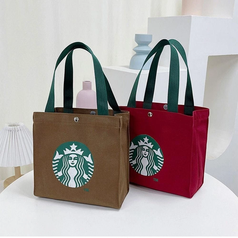 スターバックス柄 大容量ランチバッグ 赤 オックスフォード布製 ポータブル 防水 トートバッグ