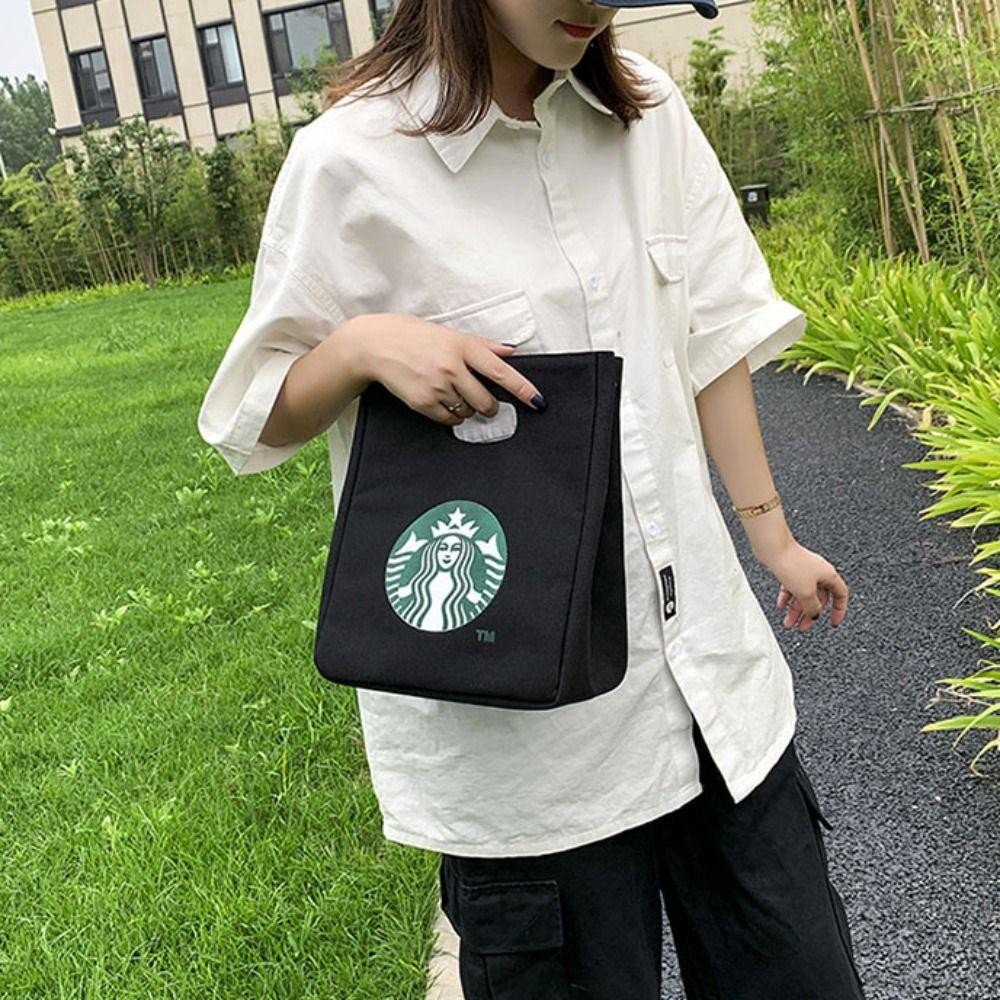 スターバックス風 黒キャンバストートバッグ 韓国スタイル 合わせやすいファッションバッグ
