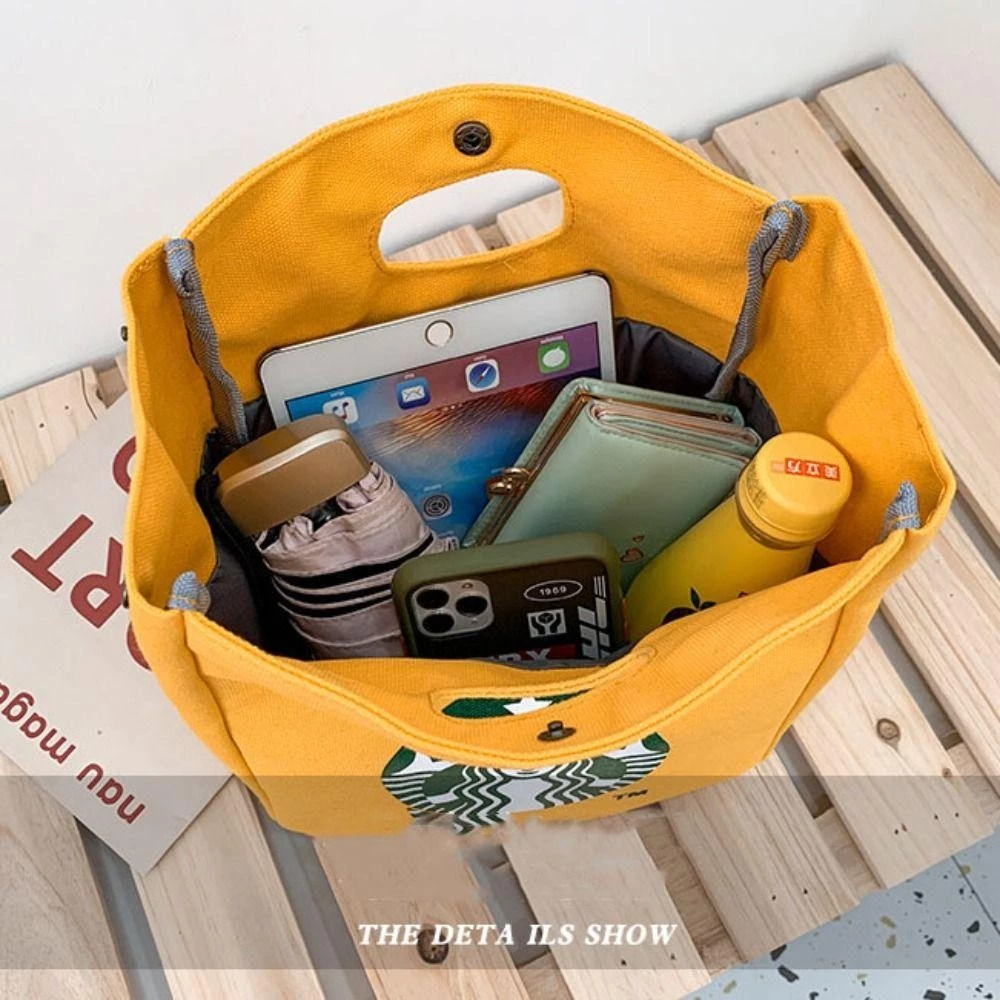 スターバックス風 黒キャンバストートバッグ 韓国スタイル 合わせやすいファッションバッグ