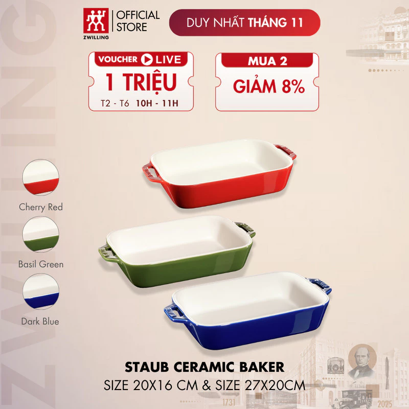 ストウブ STAUB セラミックベイカー 釉薬仕上げオーブン皿 (ハンドル込26x16cm & 33x20cm)