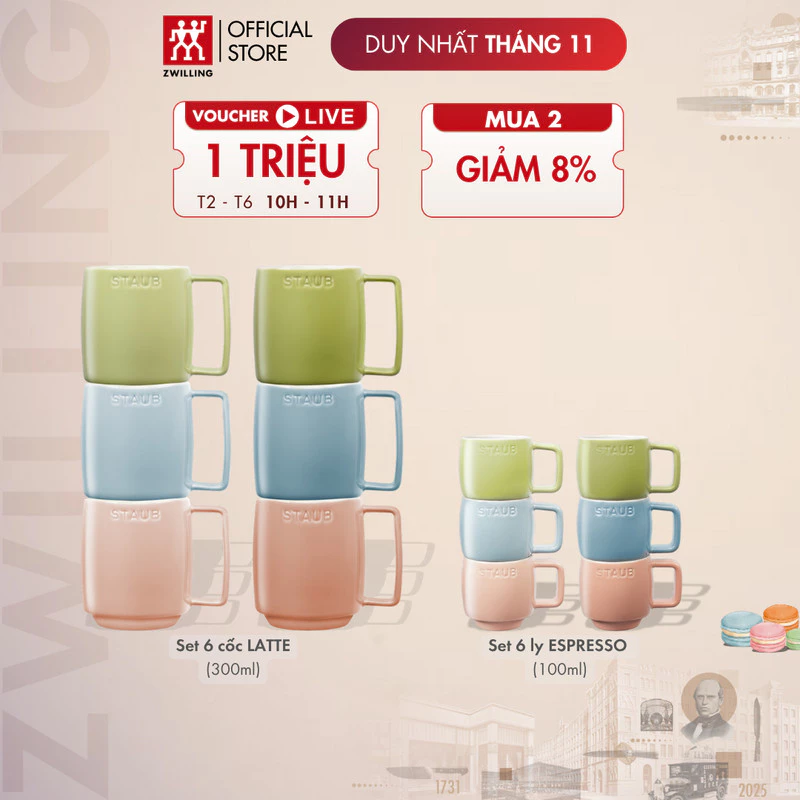STAUB (ストウブ) マカロンカラー セラミック ラテ&エスプレッソカップ 6個セット (100ml/350ml)