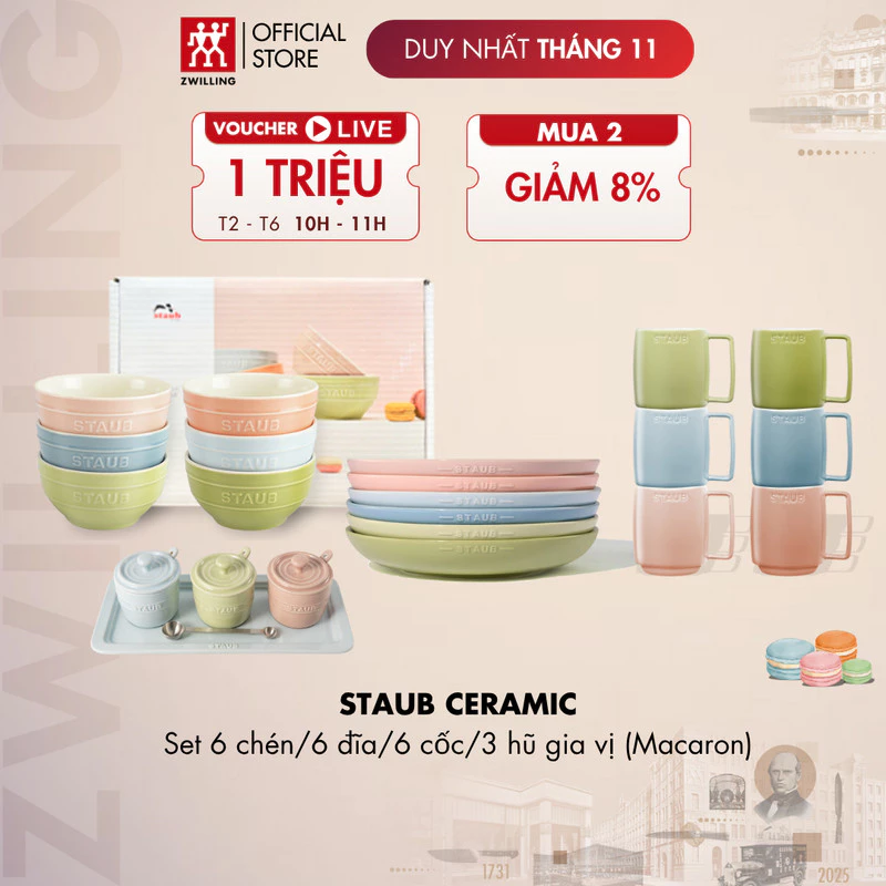 STAUB セラミック マカロン/レインボーカラー 食器・カップ・プレート・調味料入れセット (各タイプ6個セット) - 高品質陶磁器