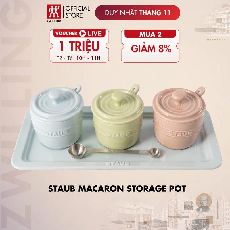 ストウブ マカロンカラー セラミック製スパイス・調味料入れ 3点セット（ポット3個、スプーン3個、スクープ1個、トレイ1個付）