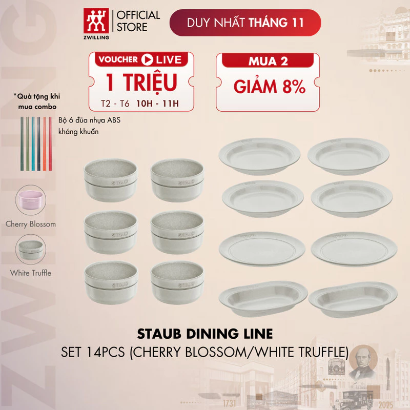 ストウブ 高級セラミック製食器14点セット【ホワイトトリュフ/チェリーブロッサム】ボウル＆プレート