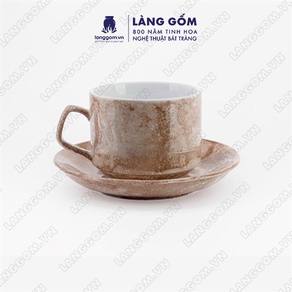 石目模様のカプチーノ コーヒー カップ ソーサー付き、新しい形状、容量 250 ml、高品質の保温性バッチャン セラミック - 茶色の石の形