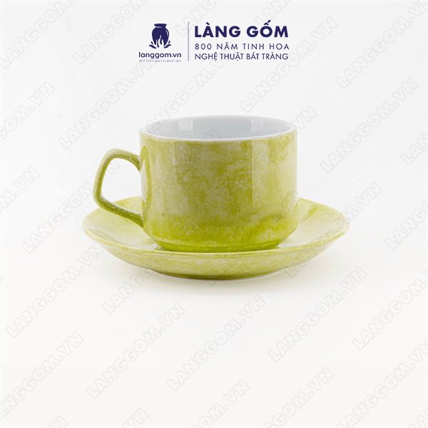 石目模様のカプチーノ コーヒー カップ ソーサー付き、新しい形状、容量 250 ml、高品質の保温性バッチャン セラミック - 緑色の石目模様の粒子