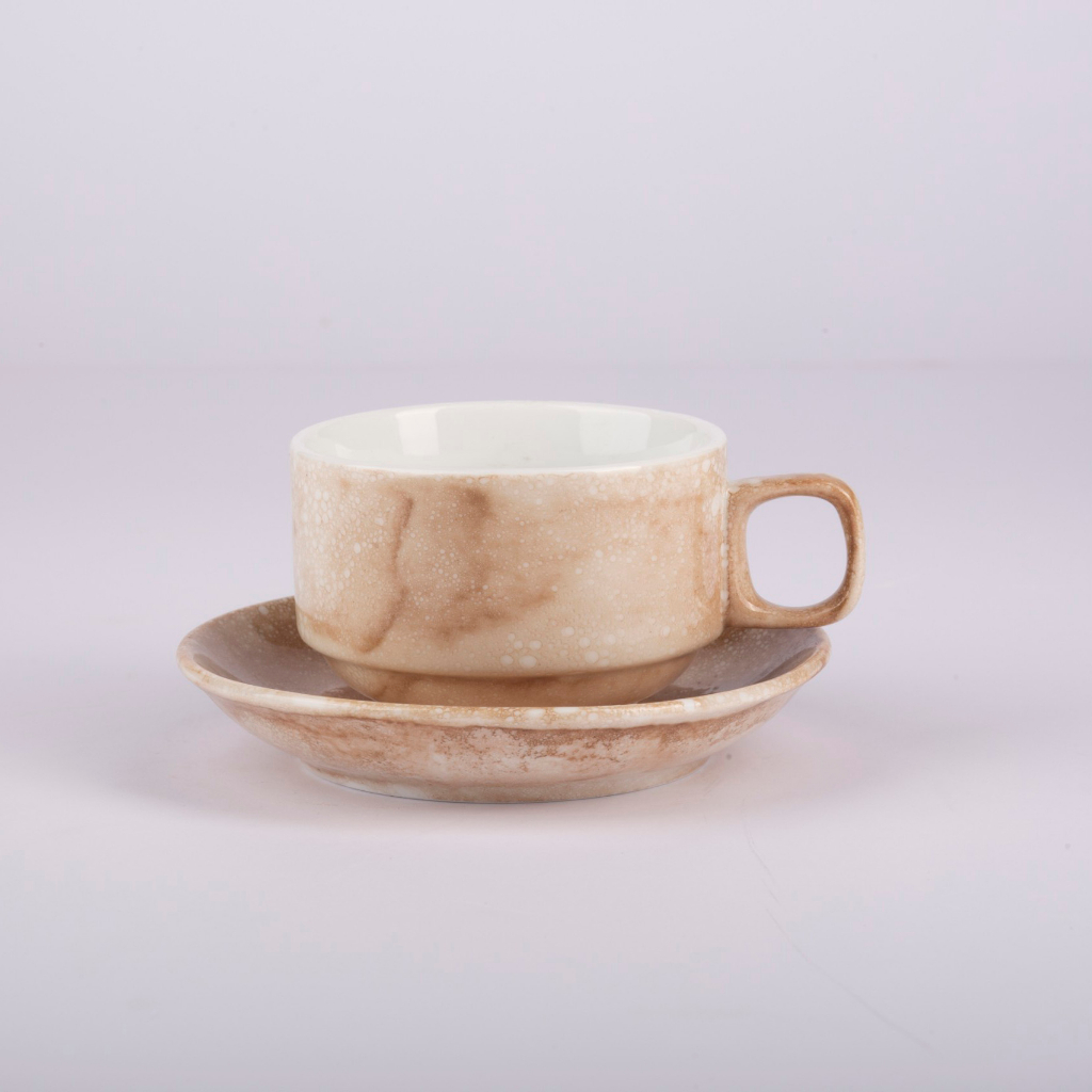 石目模様のカプチーノ コーヒー カップ ソーサー付き、正方形、容量 150 ml、高品質の保温性バッチャン セラミック、コーヒー ブラウンの石のような色