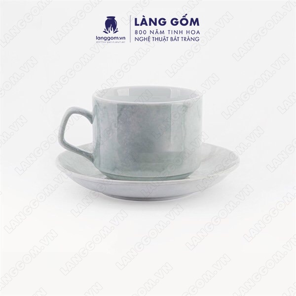 バッチャン焼き カプチーノカップ 石目模様 ハンドルとプレート付き グレー色 250ml Lang Gom