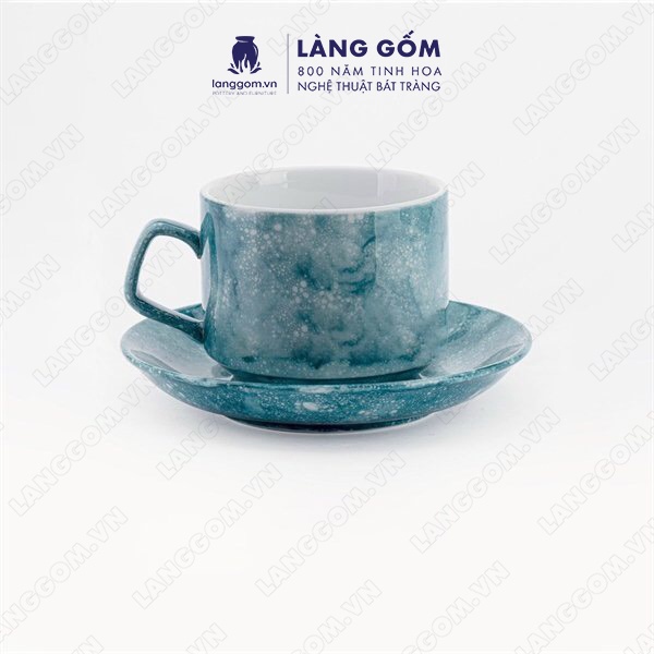 バッチャン焼き カプチーノカップ 石目模様 ハンドルとプレート付き 緑色 250ml Lang Gom