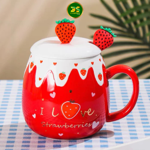 いちごデザイン 陶器マグカップ 400ml 蓋・スプーンセット - キュートなデスクアイテム