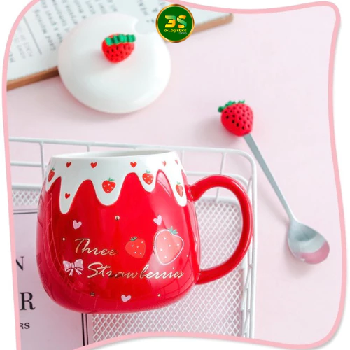 いちごデザイン 陶器マグカップ 400ml 蓋・スプーンセット - キュートなデスクアイテム