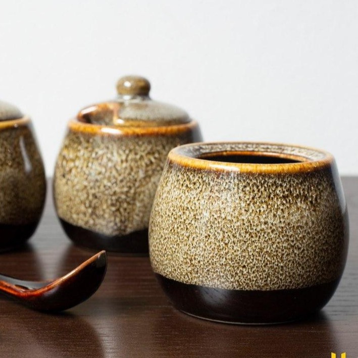 バッチャン焼き(陶器)の砂糖入れ容器 スプーン付き OANH GIA AUTHENTIC BAT TRANG