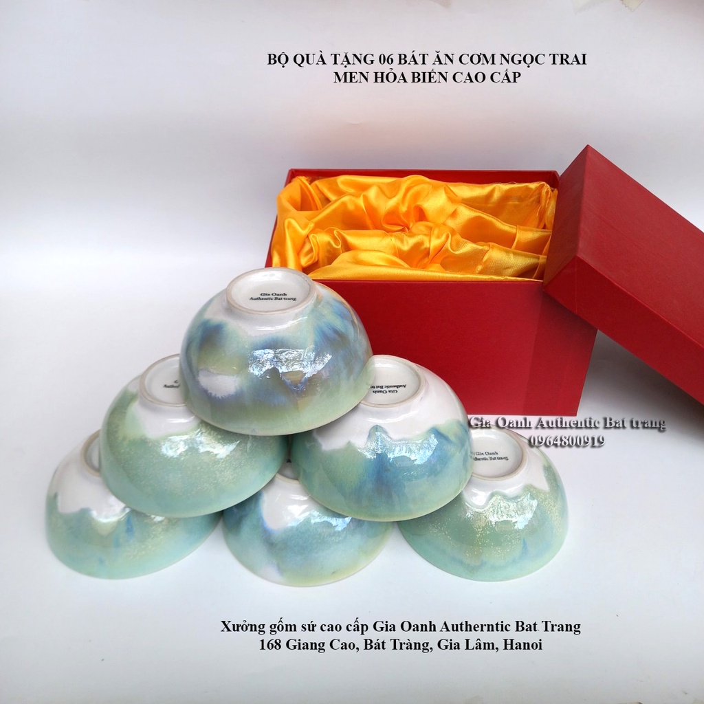 バッチャン焼き(陶器)の茶碗セット ファミリー、ギフト向け OANH GIA AUTHENTIC BAT TRANG