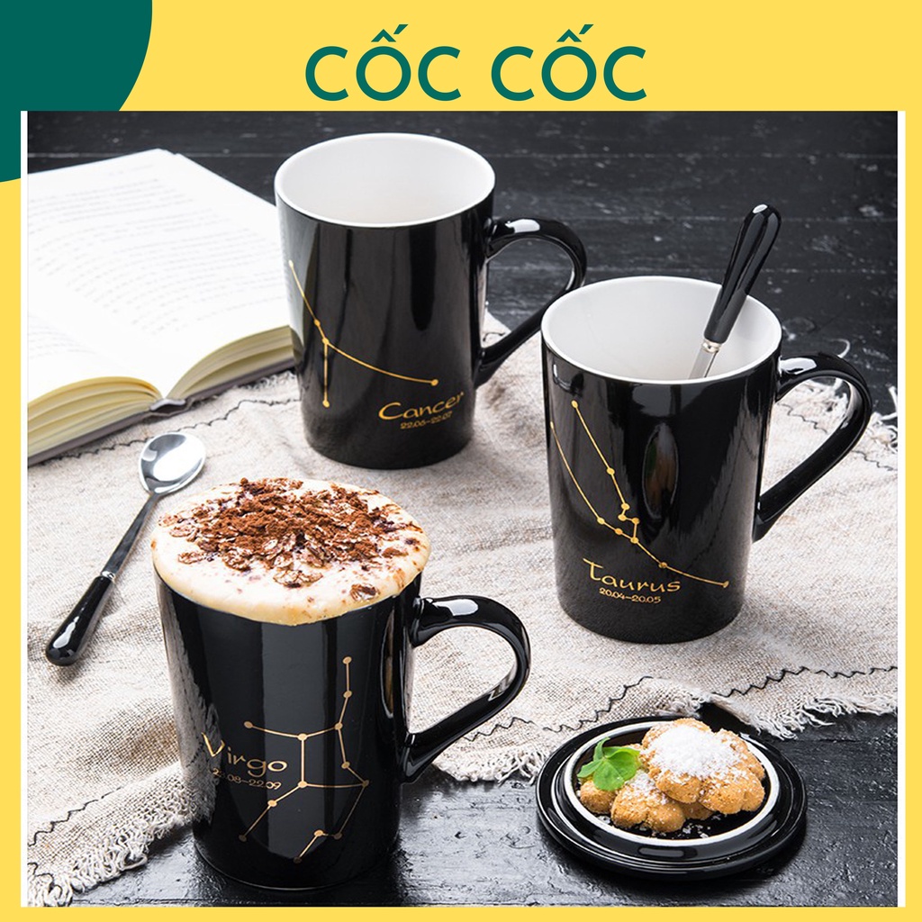 450mlの干支カップの磁器カップには、お茶を飲み、友達のためのコーヒーギフトを飲むために使用されるカラフルなスプーンが付いたキャップ付きのキャップ付き - 牡羊座 - ブラック