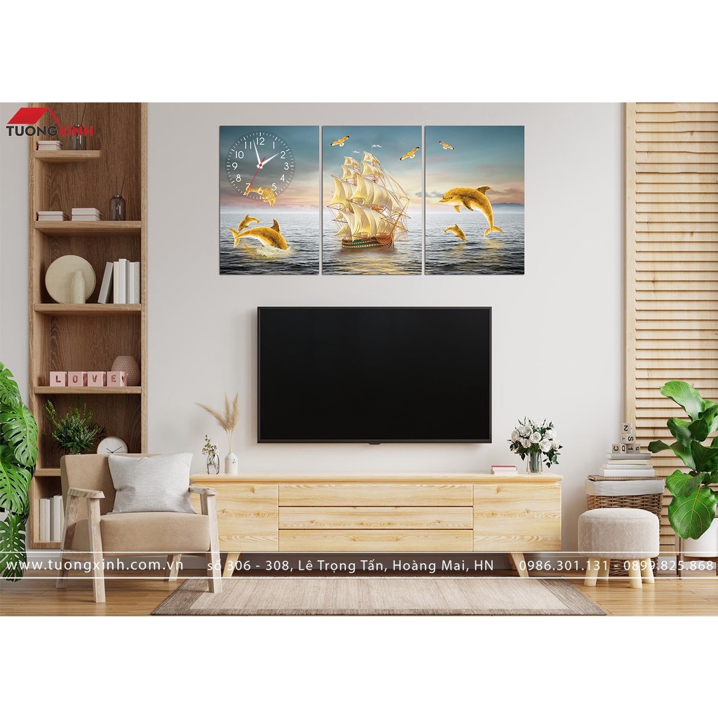 壁画 時計付き 現代アート 芸術的な風景 船 イルカ DHP06 Tuong Xinh