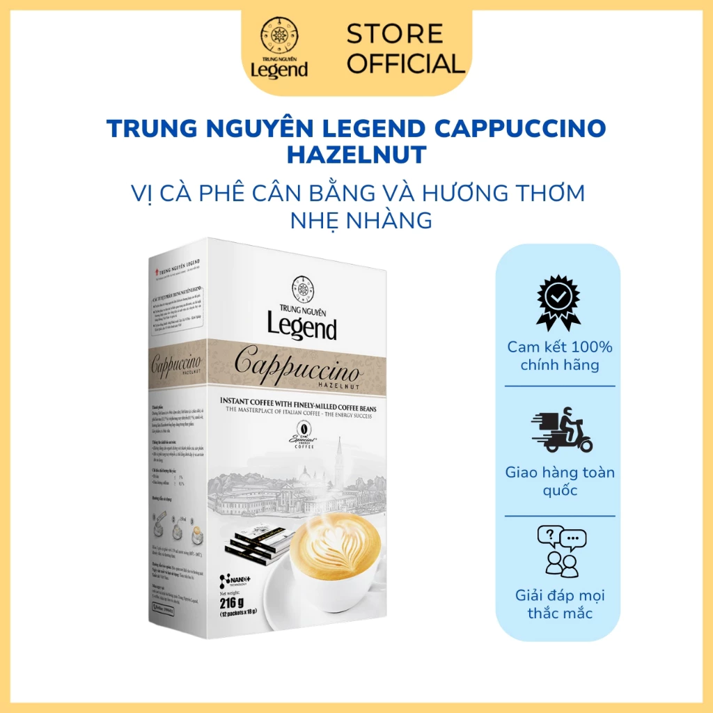 チュン・グエン・レジェンド ヘーゼルナッツカプチーノ – 12袋入 – 香り豊かな甘さ控えめインスタントコーヒー