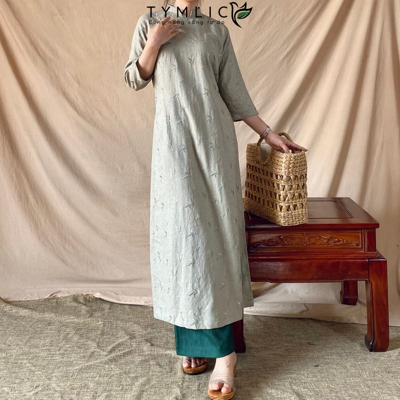 TYMLIC アオザイ リネンワンピース 手作り刺繍 スクエアネック S