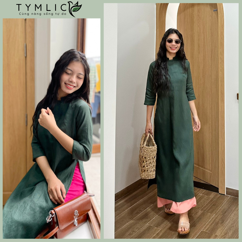 TYMLIC リネン アオザイ プレミアム リネン 伝統的 スクエアネック グリーン S-XL TYMLIC