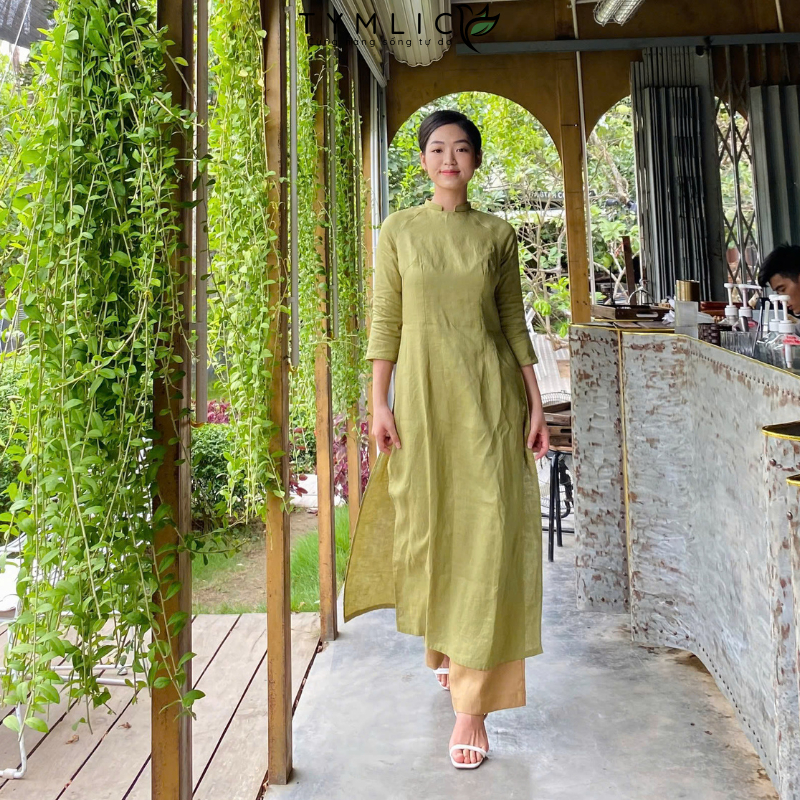 TYMLIC リネンプレミアム アオザイ 伝統的スクエアネック グリーン S-XL TYMLIC