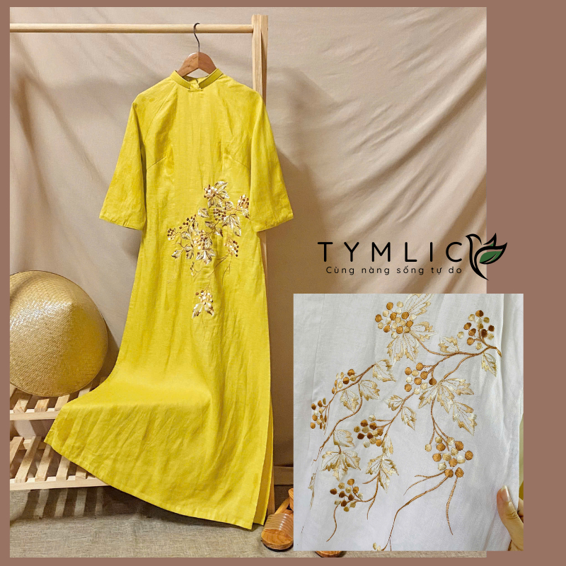 TYMLIC ベトナム伝統 アオザイ リネン刺繍花柄 S-XL TYMLICの