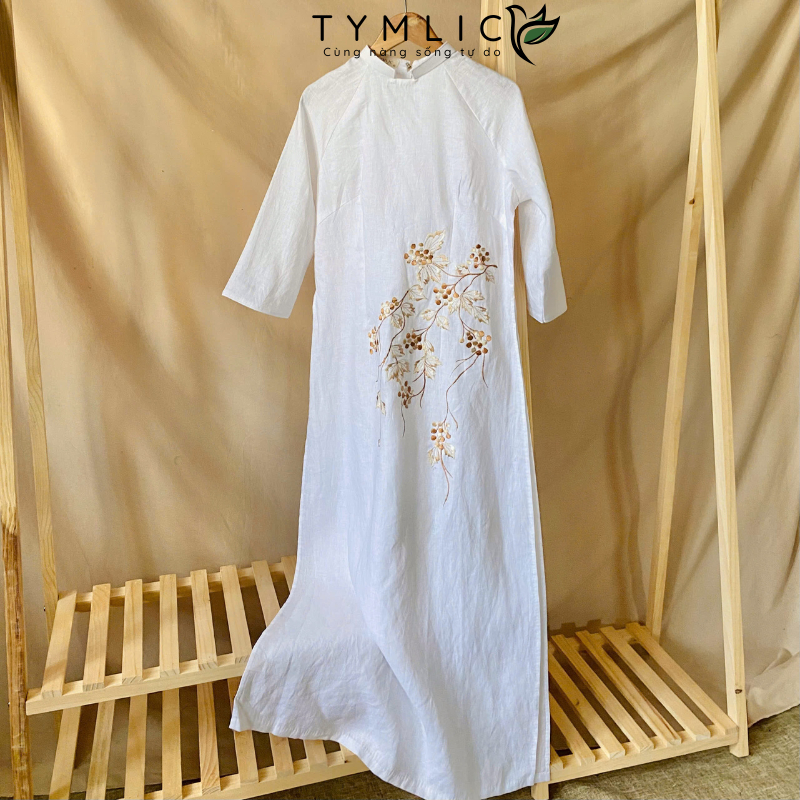 TYMLIC ベトナム伝統 アオザイ リネン刺繍花柄 S-XL TYMLICの