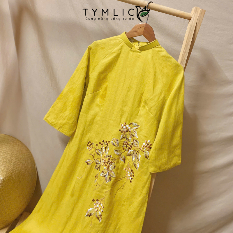 TYMLIC ベトナム伝統 アオザイ リネン刺繍花柄 S-XL TYMLICの
