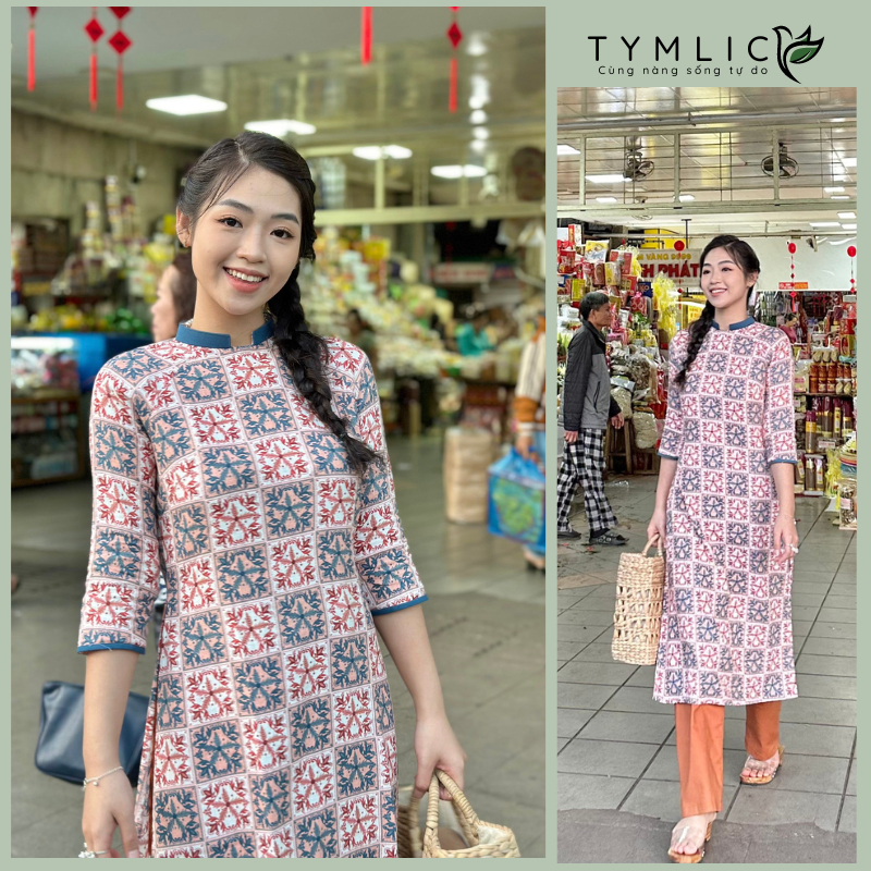 TYMLIC リネン アオザイ 伝統的スクエアネック 花柄 S-XL TYMLIC