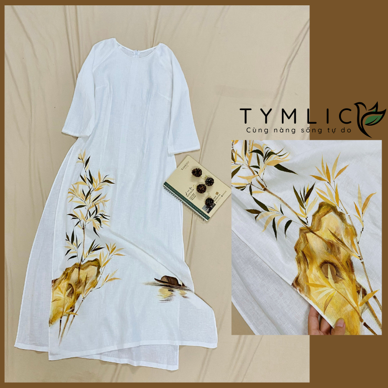 TYMLIC トラディショナル アオザイ リネン素材 竹柄手描き S-XL TYMLIC