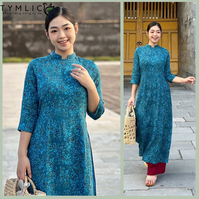 TYMLIC 伝統 アオザイ リネン スクエアネック 花柄 S-XL TYMLIC