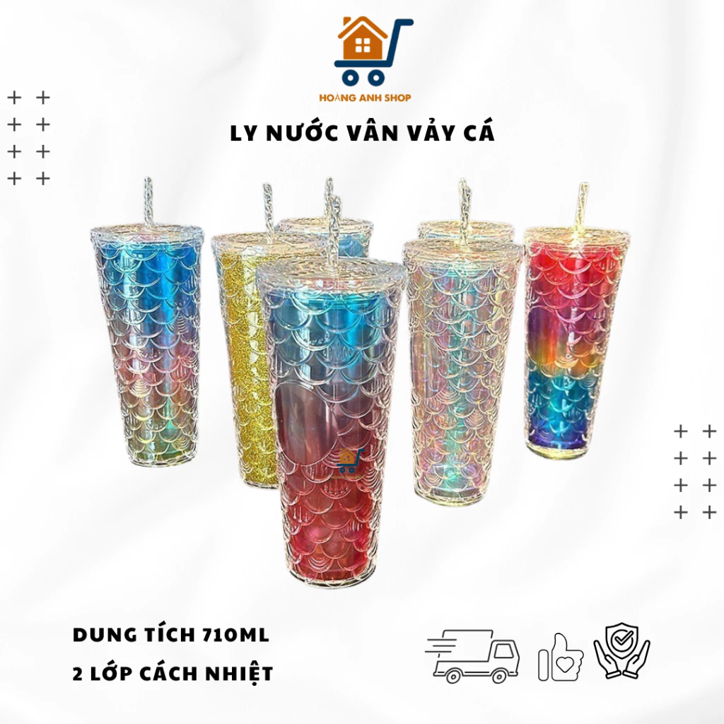 鱗模様エンボス加工 二層保温保冷プラスチックタンブラー 710ml (ピンク・黄・青・緑)