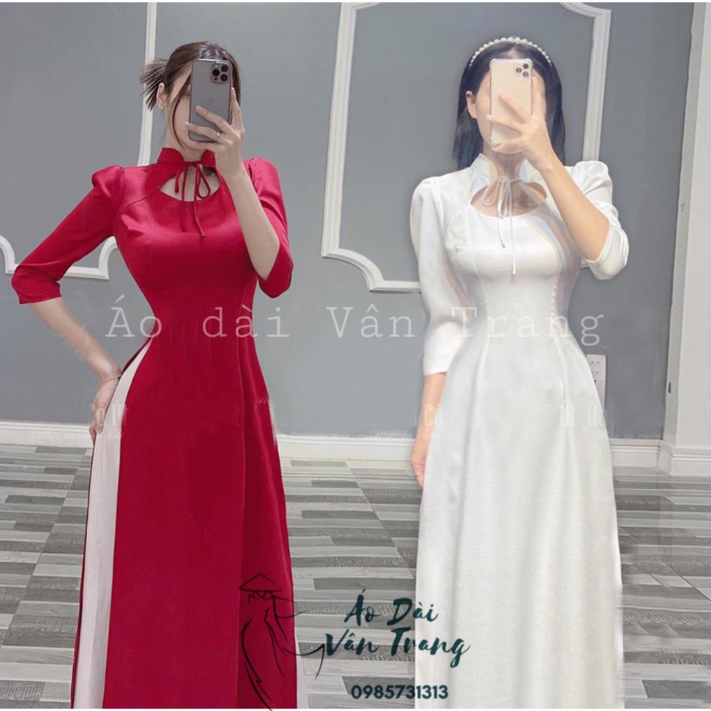 ヴァントラン アオザイ 伝統的シルクワンピース リボン襟付き S-XXL Ao Dai Van Trang