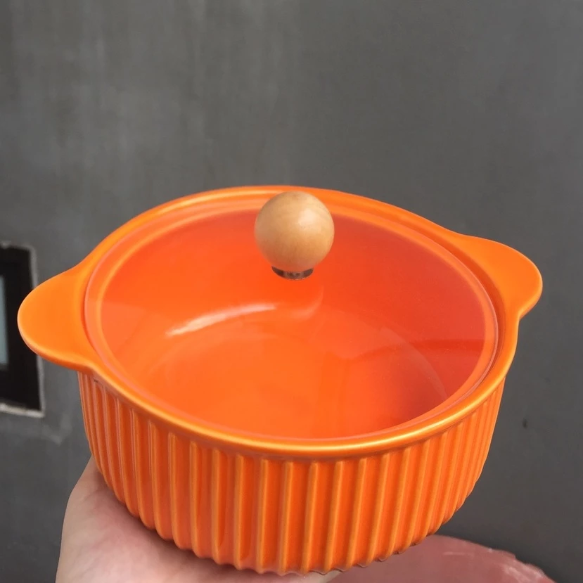 鮮やかオレンジ ポット型セラミックボウル 強化ガラス蓋付き | 食卓デコレーション食器